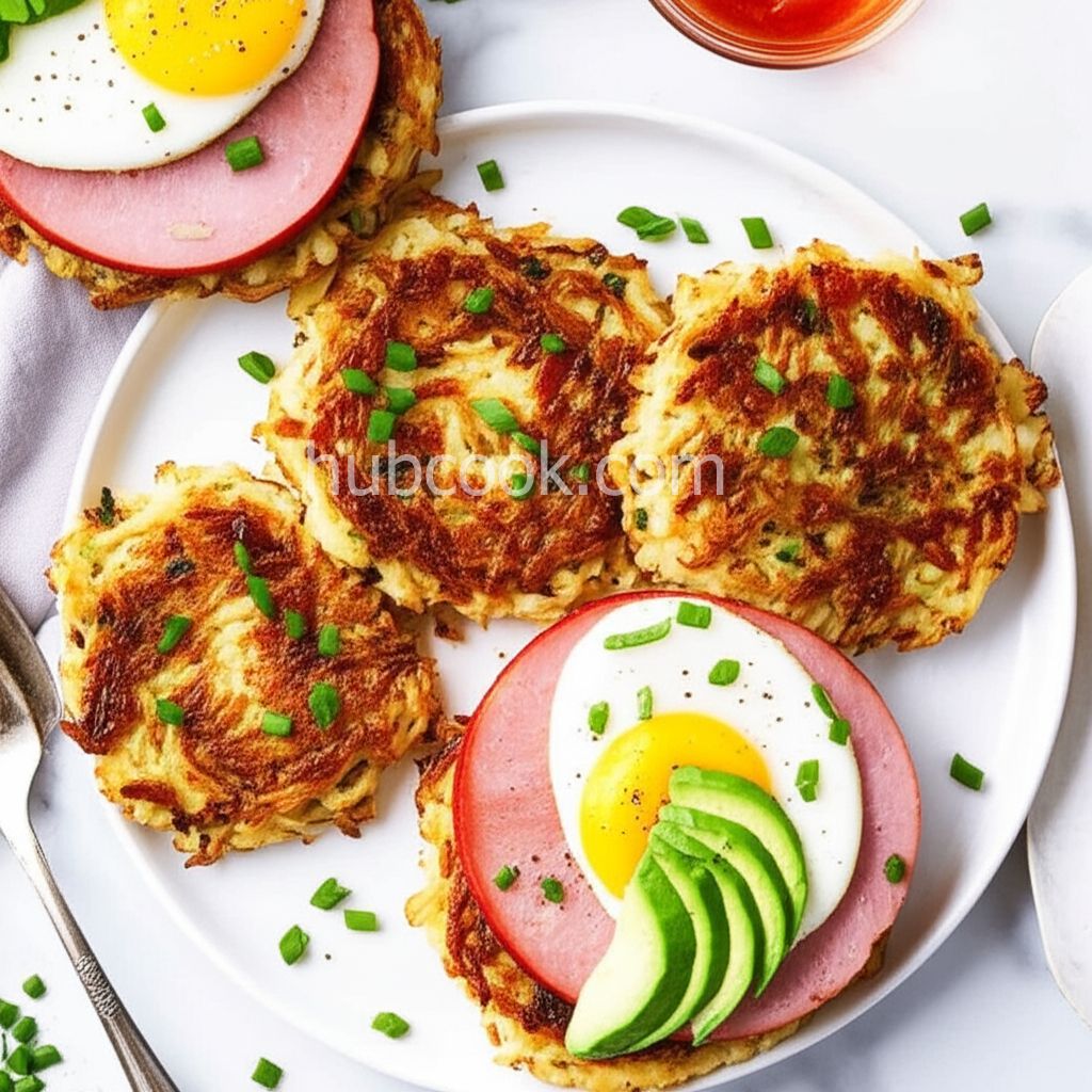 Bacon Potato Cakes with Ham Steak, Egg, and Sliced Avocado