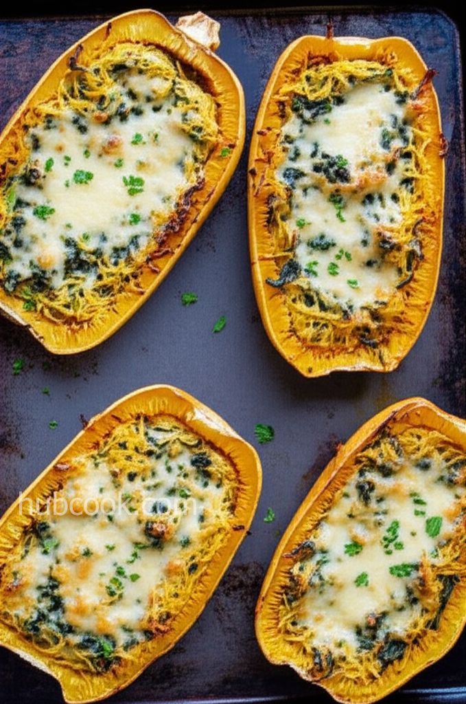 Cheesy Roasted Garlic Spaghetti Squash with Spinach