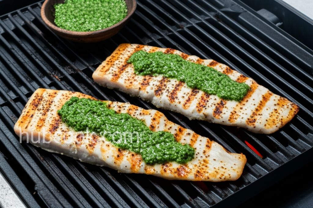 Grilled fish fillet with pesto sauce
