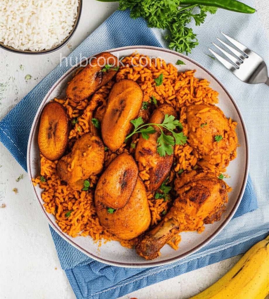 Nigerian Jollof Rice with Chicken and Fried Plantains