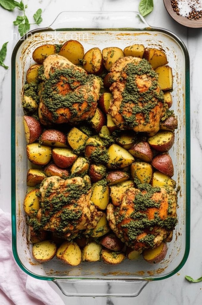 Baked Pesto Chicken Thighs and Potatoes