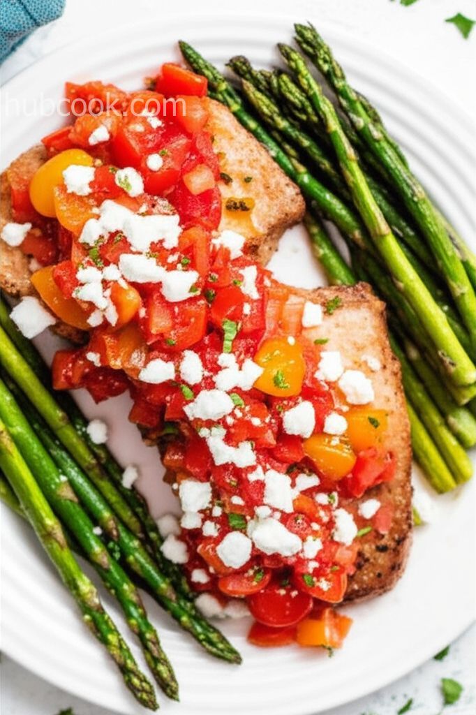 Pork Chops with Fresh Tomato, Onion, Garlic, and Feta