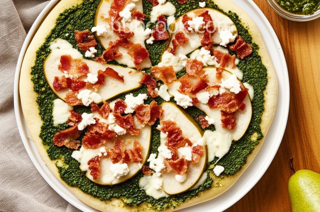 Goat Cheese, Pear, and Bacon Pizza with Pesto Sauce