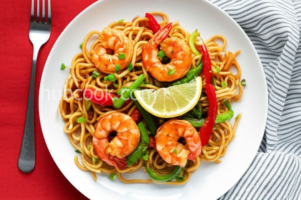Prawns and Vegetables Over Pan-Fried Udon Noodles