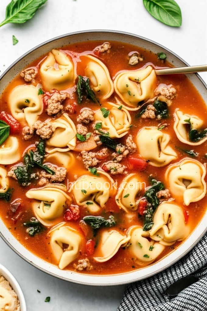 Garlicky Tortellini Soup With Sausage, Tomatoes, and Spinach