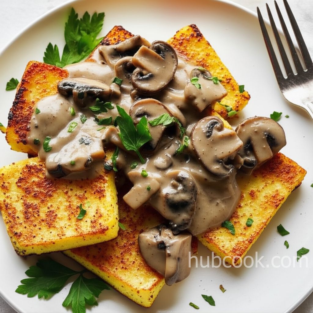 Fried Polenta Squares with Creamy Mushroom Ragu