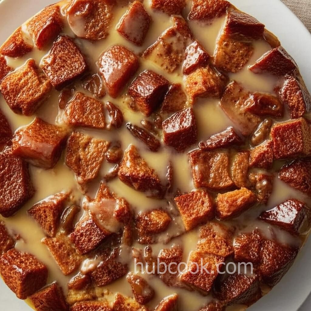 Rum Raisin Bread Pudding with Warm Vanilla Sauce
